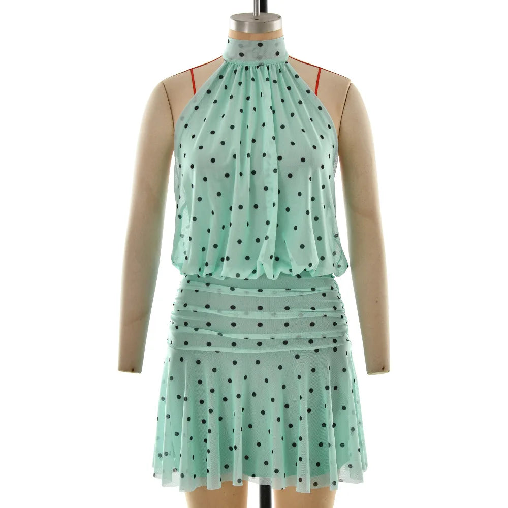 Glorol - Polka Dot Lace-Up Patchwork Mini Dress