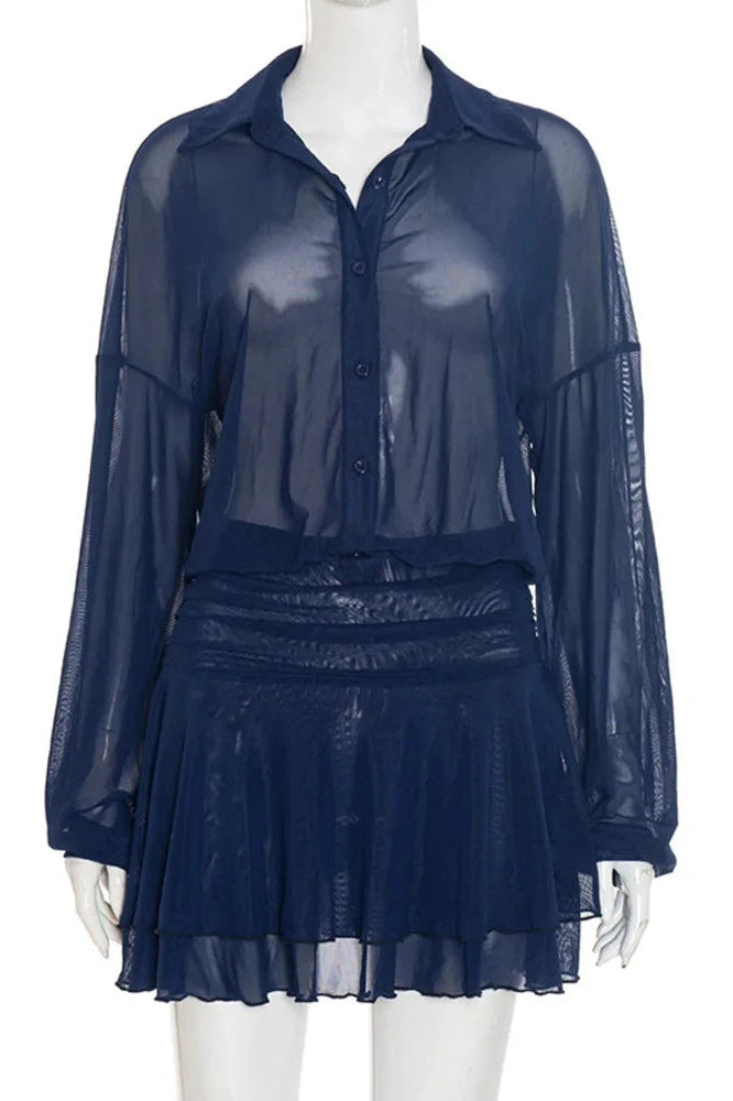 Glorol - See Through Long Sleeve Single-Breasted Mini Dress