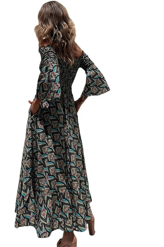 Glorol - Printed Long Sleeve High Waist Pleated Midi Dress