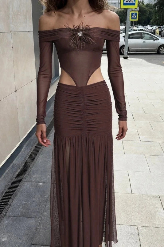 Glorol - Off Shoulder Long Sleeves Slim High Waist Maxi Dress