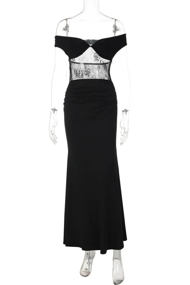 Glorol - Off-Shoulder Strapless Lace See Through Sleeveless Bodycon Maxi Dress