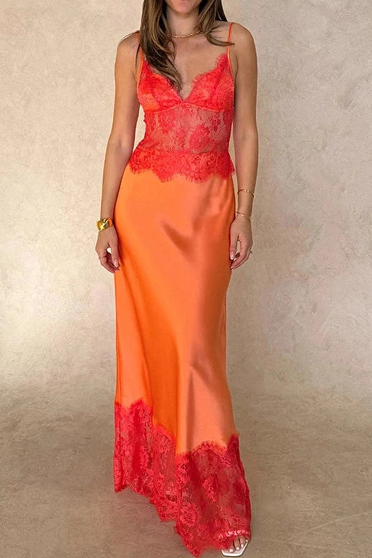 Glorol - See-Through Slim Sleeveless Backless Pleated Lace Maxi Dress