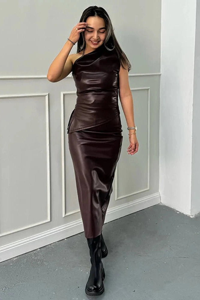 Glorol - Elegant PU Leather Slim Backless Irregular Midi Dress