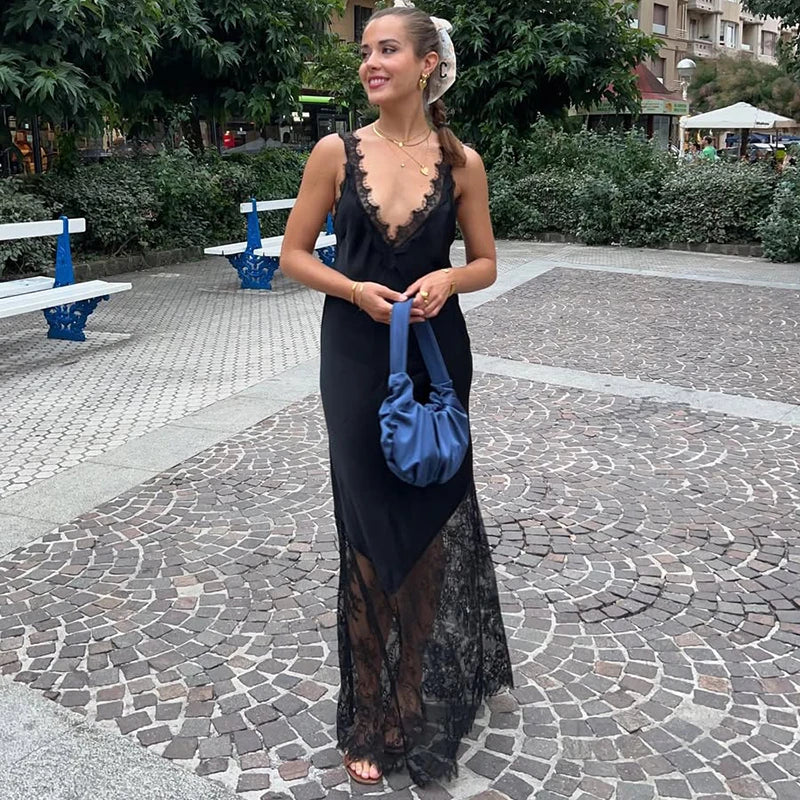 Glorol - Spaghetti Strap Lace Backless Slim Maxi Dress