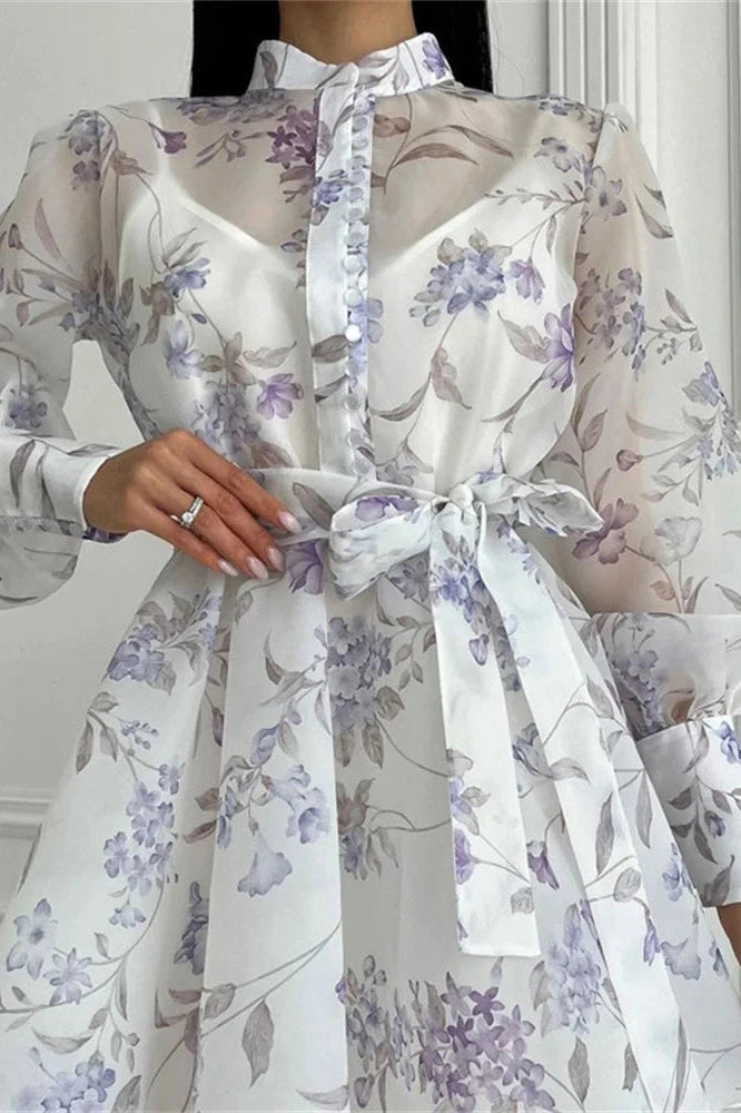 Glorol - Printed Lace-Up Long Sleeve Bodycon Mini Dress