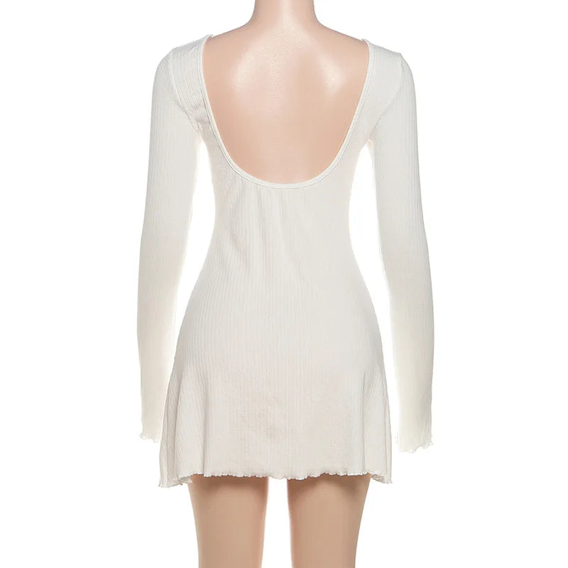Glorol - Backless Knitted Long-Sleeved Round Neck Mini Dress