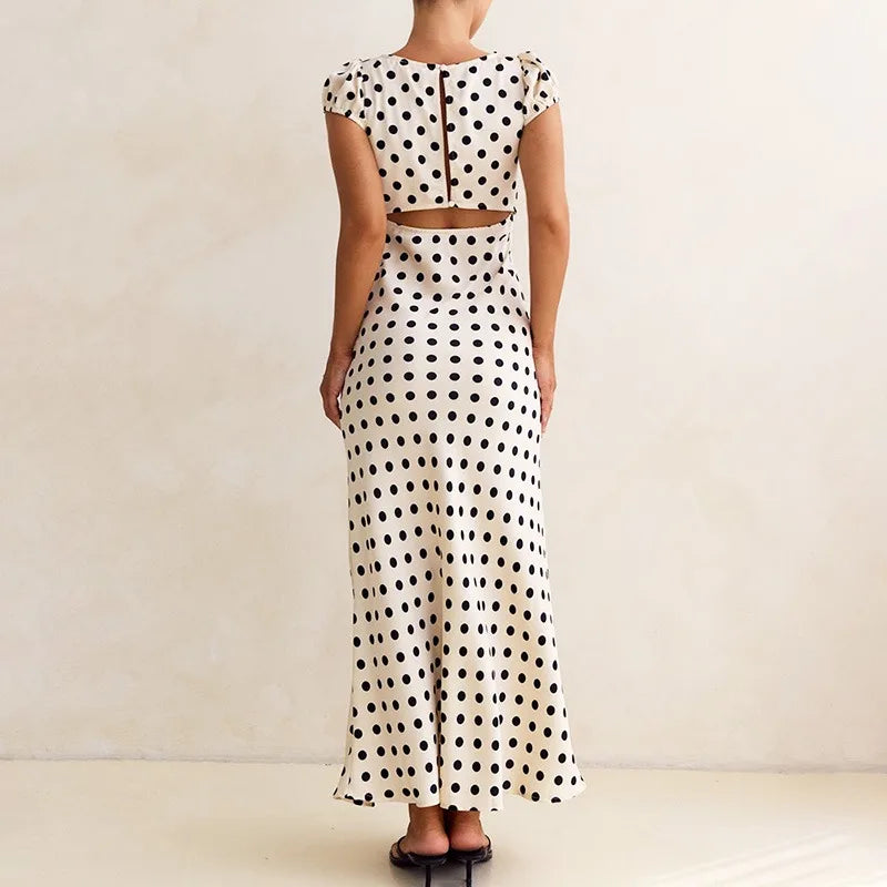 Glorol - Elegant Polka Dot Patchwork Hollow Out Maxi Dress