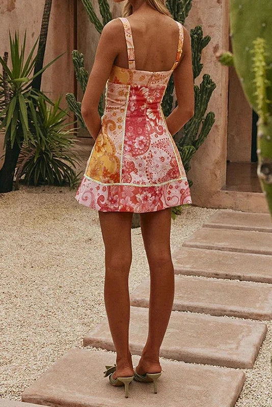 Glorol - Backless Pleated Printed Sleeveless Mini Dress