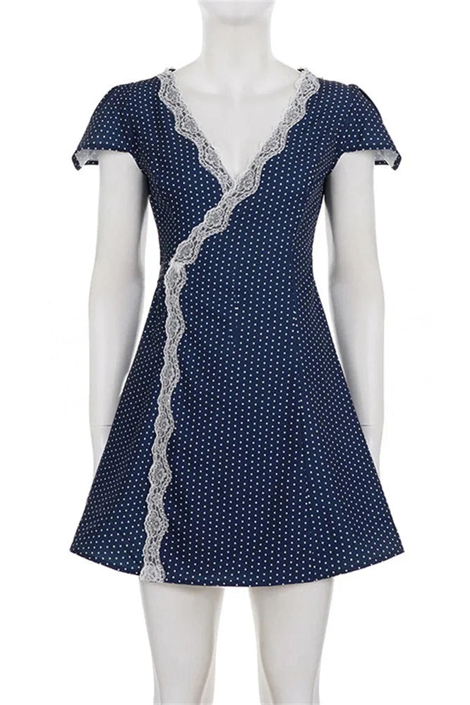 Glorol - Lace Printed Slim High Waist Short Sleeve Mini Dress