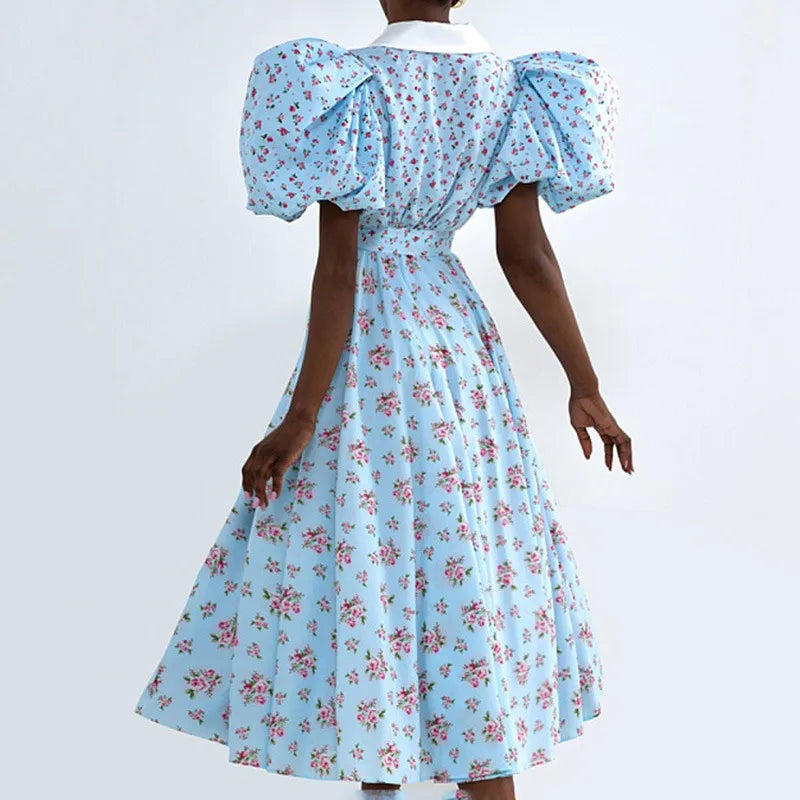 Glorol - Printed V Neck High Waist A-Line Mini Dress