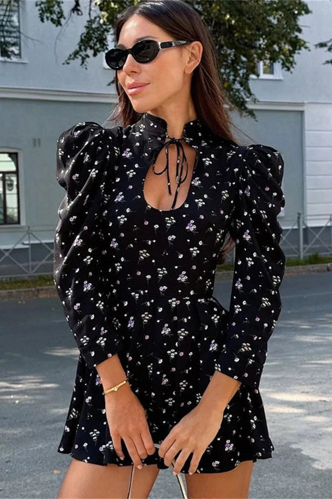 Glorol - Printed Lace-Up Patchwork Long Sleeve High Waist Mini Dress