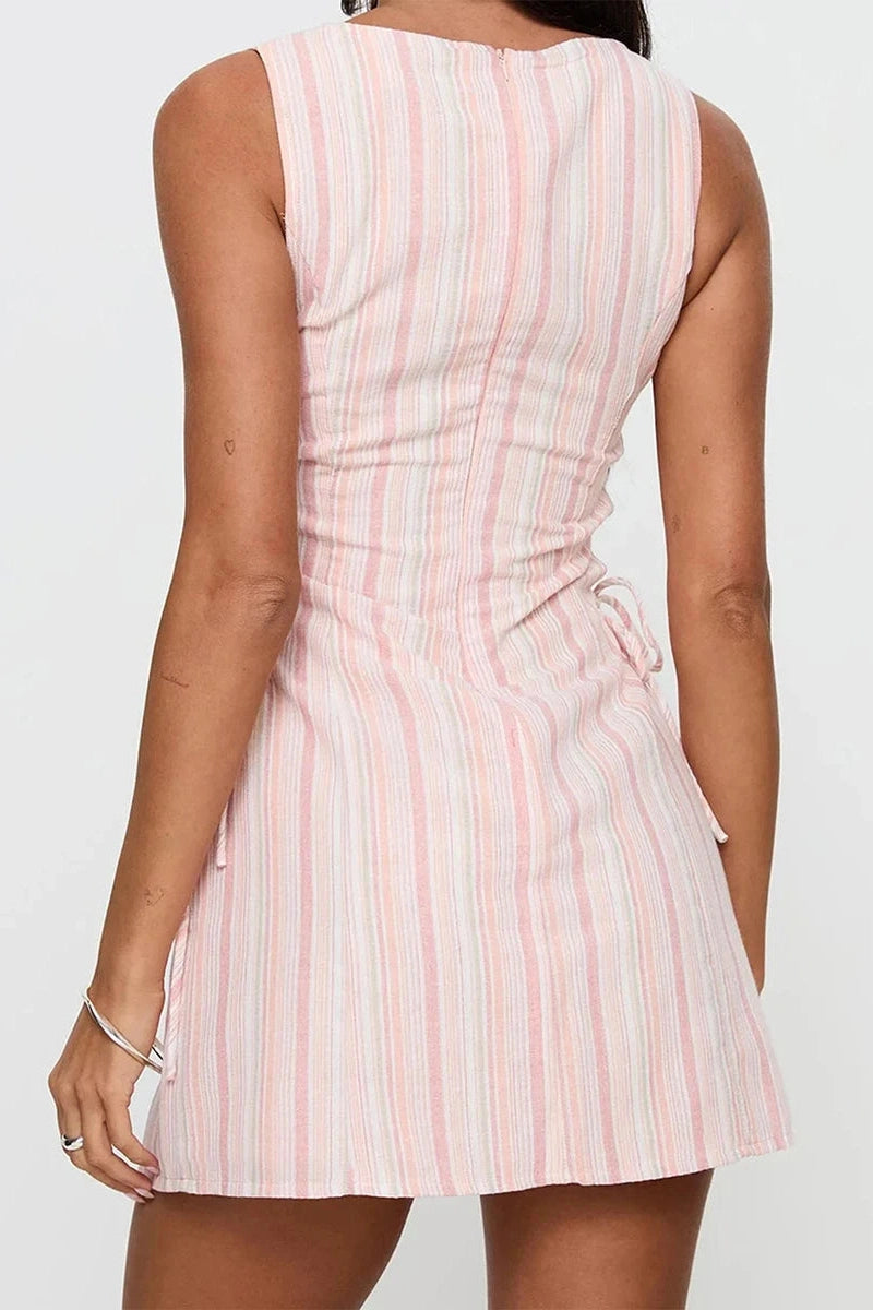 Glorol - Sleeveless Stripe Print Tie-Up Mini Dress