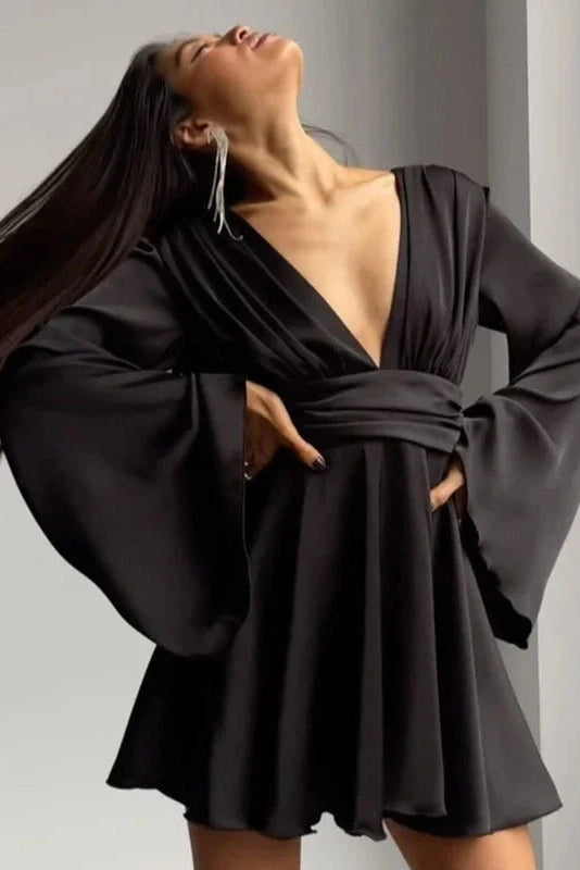 Glorol - Elegant Long Sleeve Deep V Neck High Waist Mini Dress