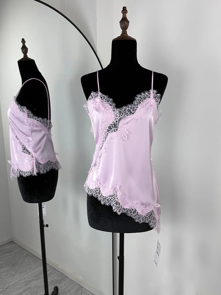 Glorol - Lace Spaghetti Strap Slit Bodycon Mini Dress