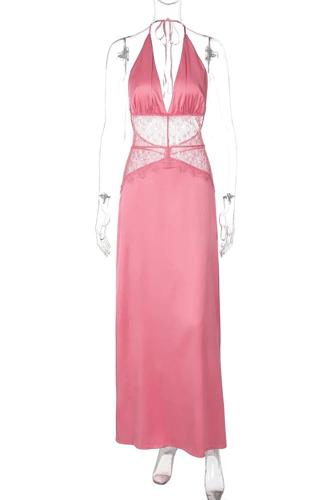 Glorol - Lace Deep V-Neck Backless High Waist Slim Maxi Dress