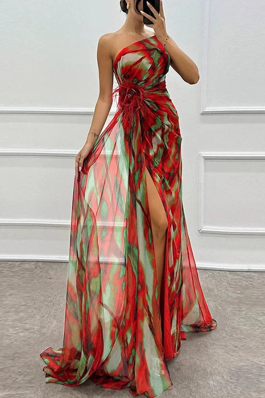 Glorol - Sleeveless Backless High Split Printed One Shoulder Maxi Dress