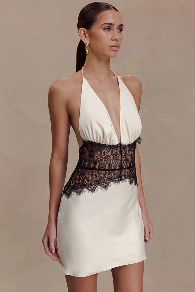 Glorol - Lace Patchwork V Neck Sleeveless Backless High Waist Mini Dress