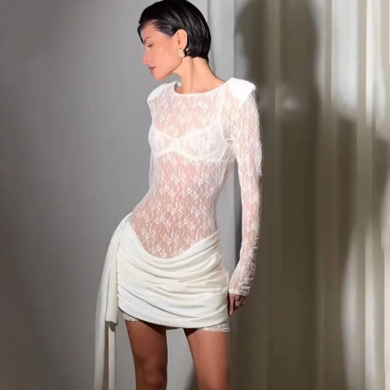 Glorol - Lace See Through Ribbon Patchwork Mini Dress