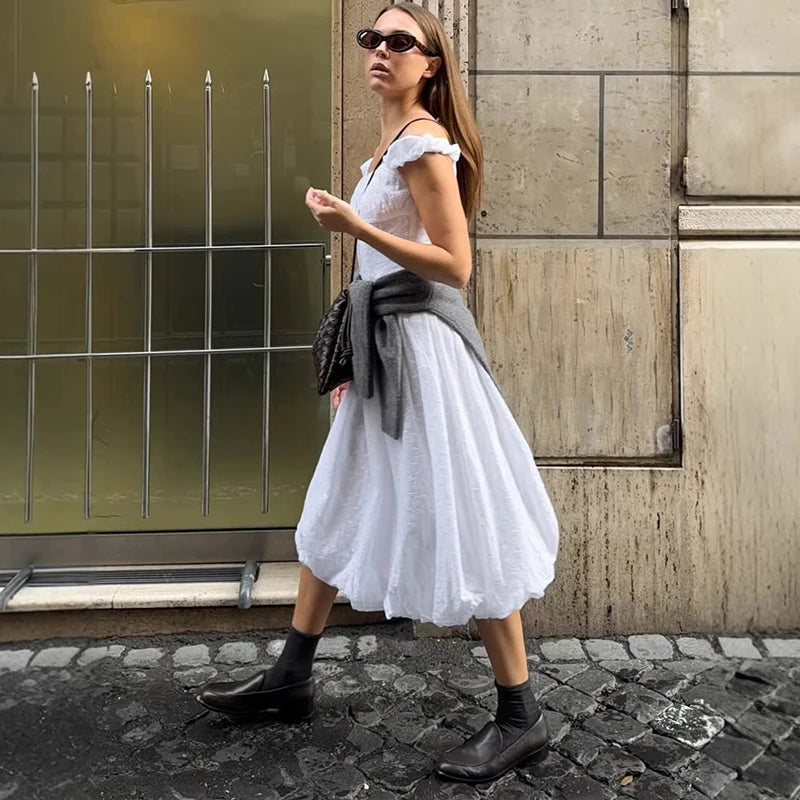 Glorol - Off Shoulder Slim A-line Midi Dress