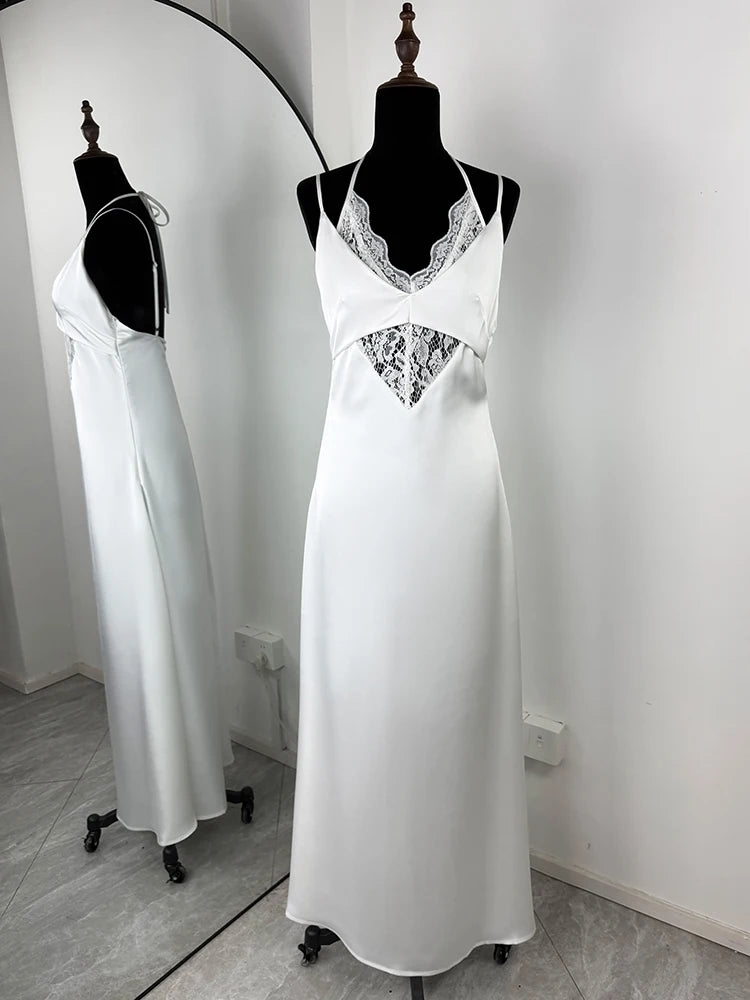 Glorol - Hollow Out Lace High Waist Backless Maxi Dress