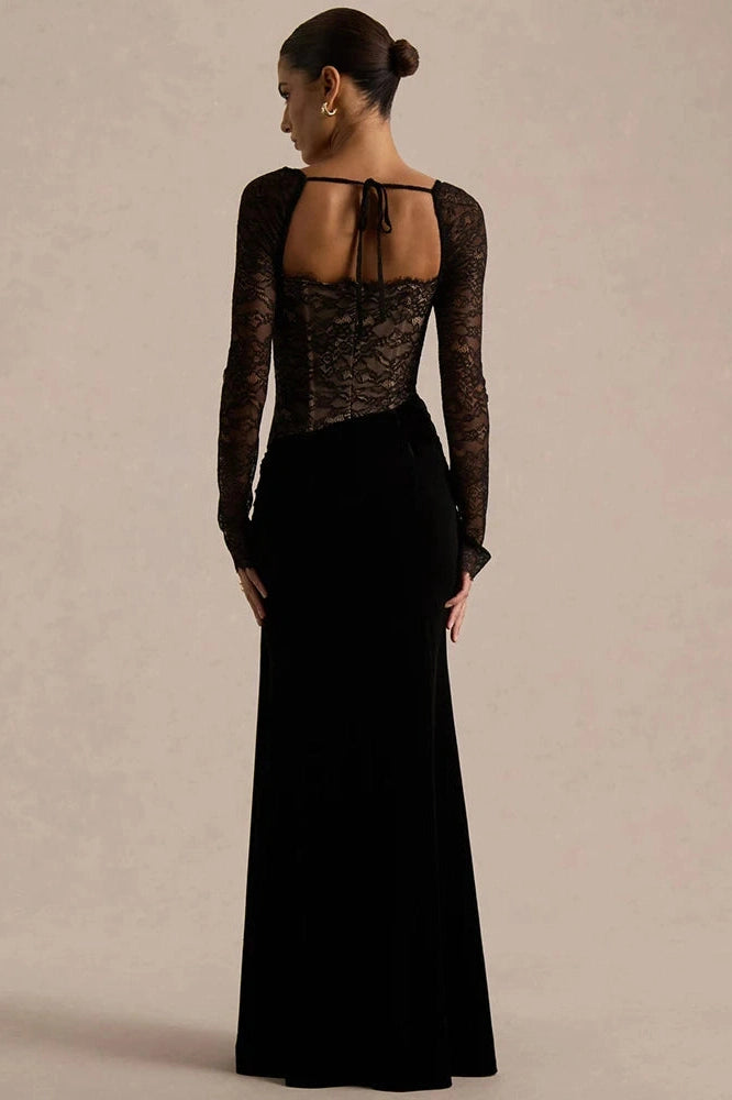 Glorol - Lace Velvet Square-Neck See Through Long Sleeve Split Maxi Dress