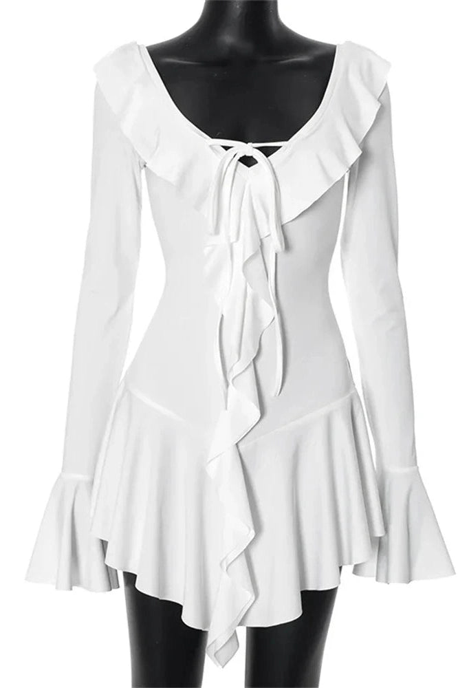 Glorol - Lace-Up V-Neck Patchwork Long Sleeve Slim Mini Dress