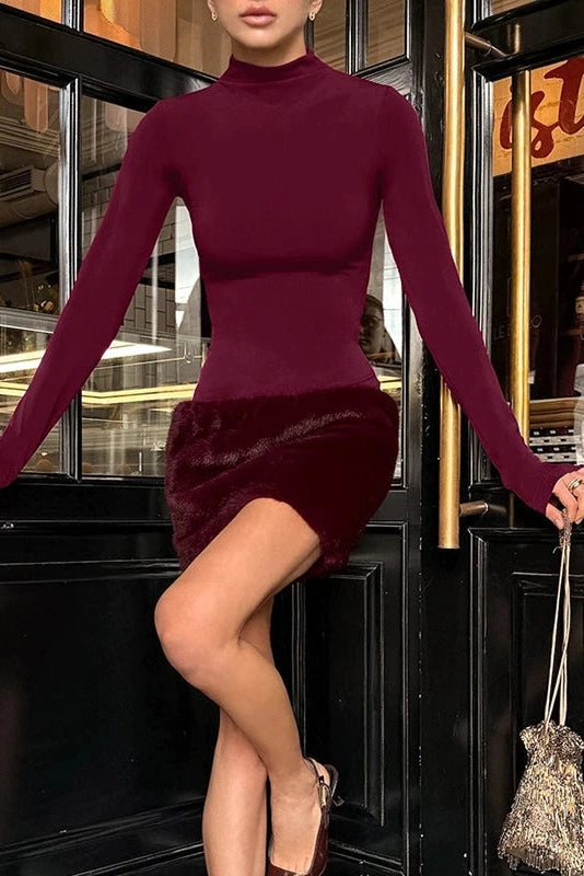 Glorol - Elegant Slim High Collar Long Sleeve Mini Dress