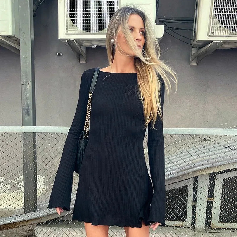 Glorol - Backless Long-Sleeved Round Neck Mini Dress