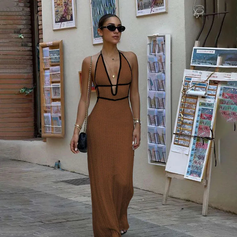 Glorol - Backless Lace-Up V-Neck Sleeveless Maxi Dress