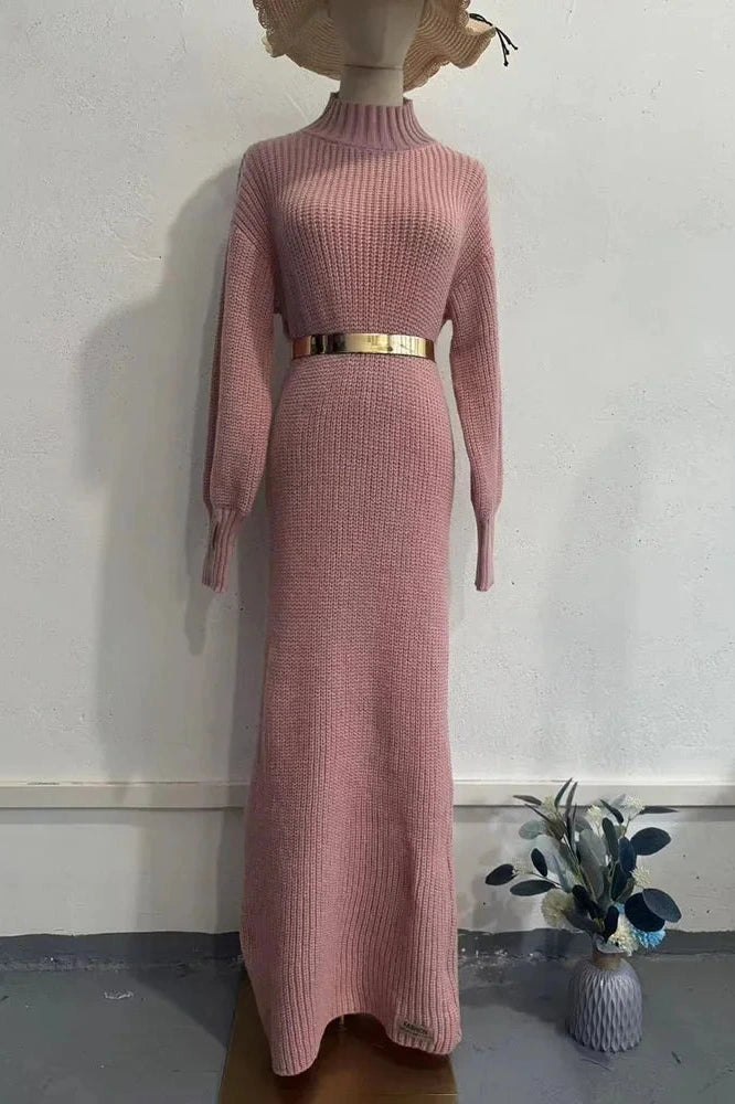 Glorol - Elegant Knitted Turtleneck Long Sleeve Maxi Dress
