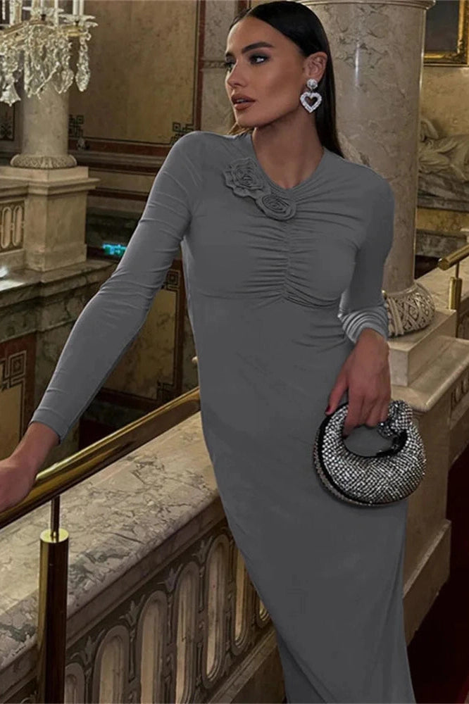 Glorol - Patchwork Long Sleeve Backless Slim Maxi Dress