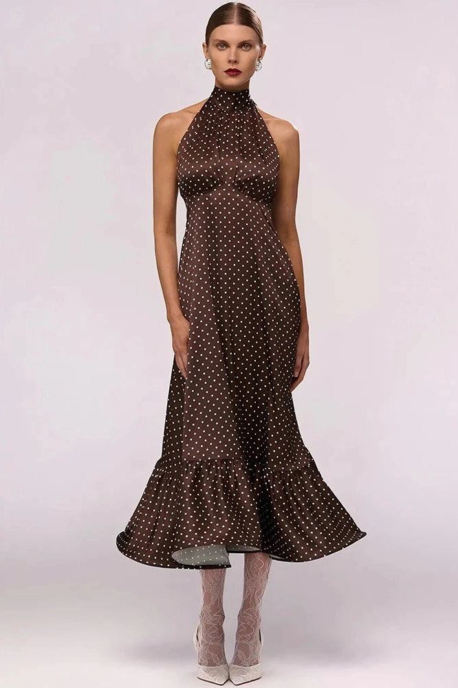 Glorol - Polka Dot Sleeveless Backless High Waist Maxi Dress
