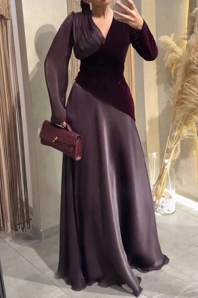 Glorol - Long Sleeve V-Neck High Waist Pleated Maxi Dress