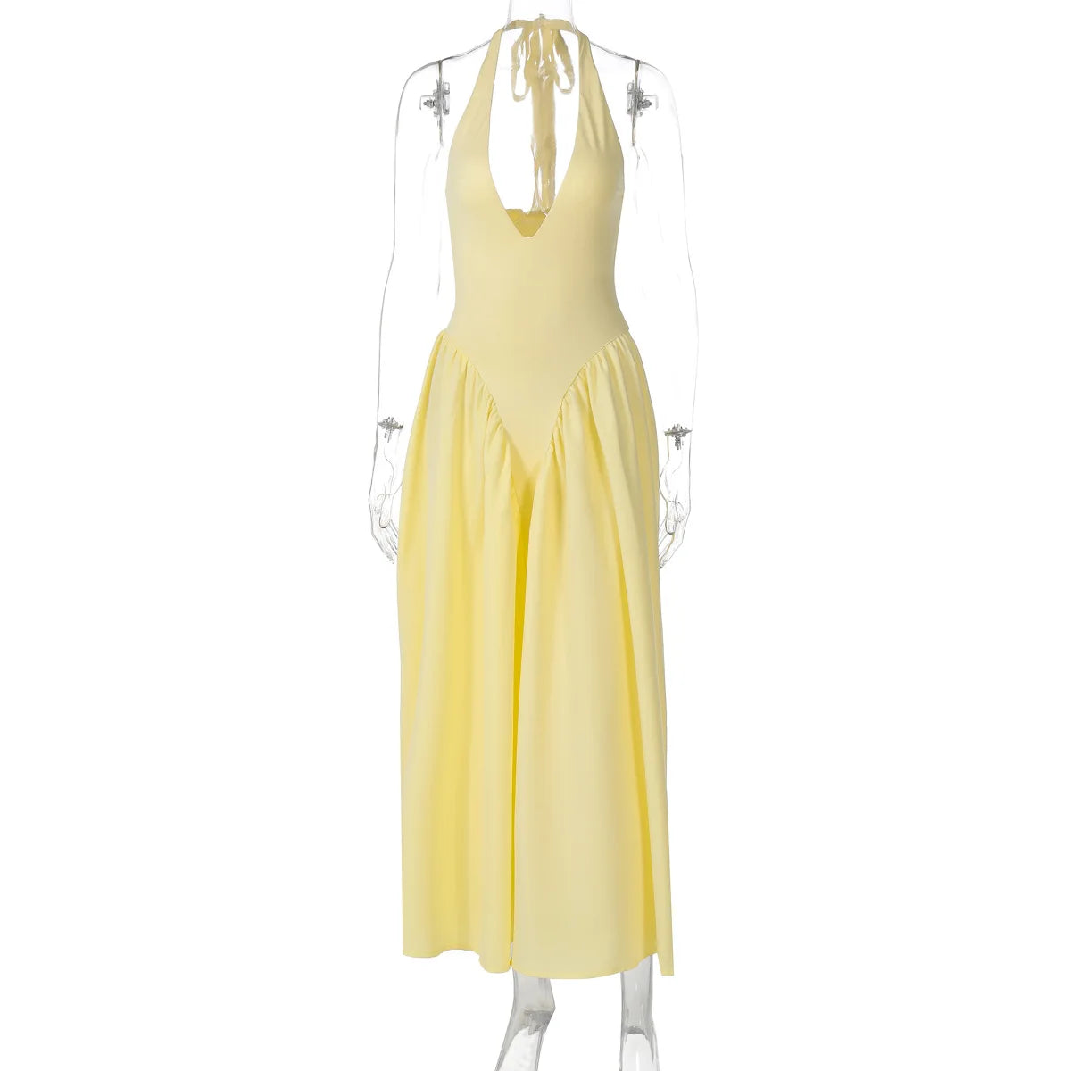 Glorol - Deep V Neck A-Line Pleated Midi Dress