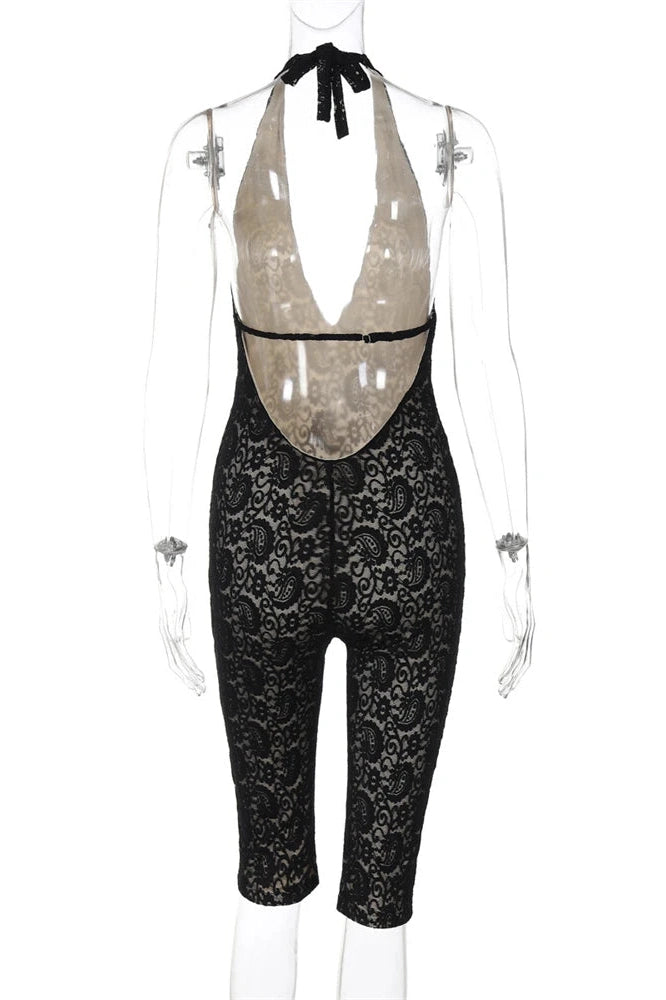 Glorol - Deep V Neck Lace Spliced Backless Jumpsuit