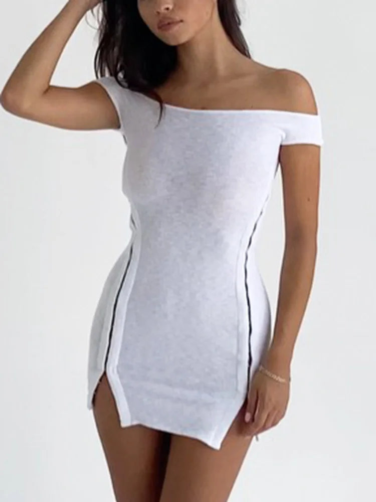 Glorol - Off Shoulder Button Patchwork Backless Mini Dress