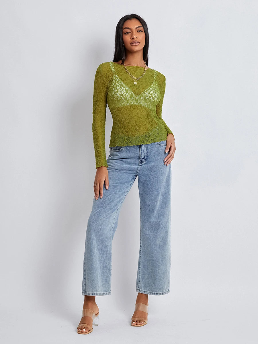 Glorol - Long Sleeve Fitted Lace Top