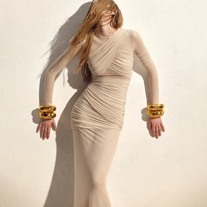 Pleated See-Through Long Sleeve Slim Maxi Dress