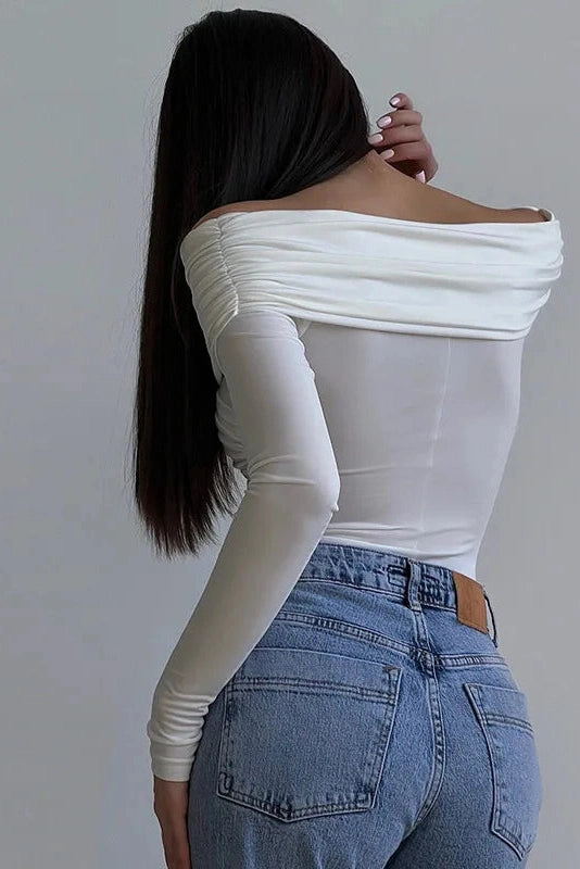 Glorol - Off-Shoulder Long Sleeve Cross Pleated Jumpsuit