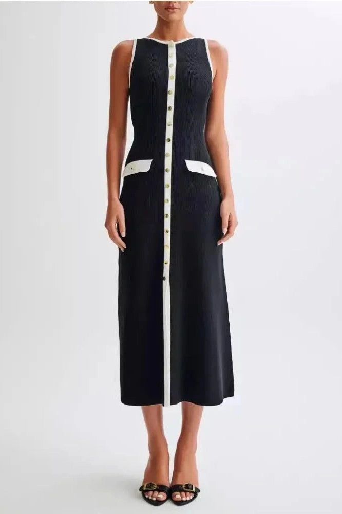 Glorol - Sleeveless Patchwork High Waist Pocket Maxi Dress