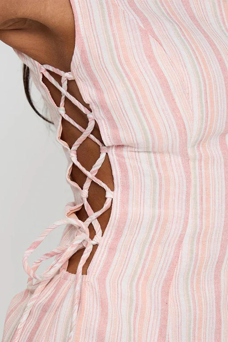 Glorol - Sleeveless Stripe Print Tie-Up Mini Dress