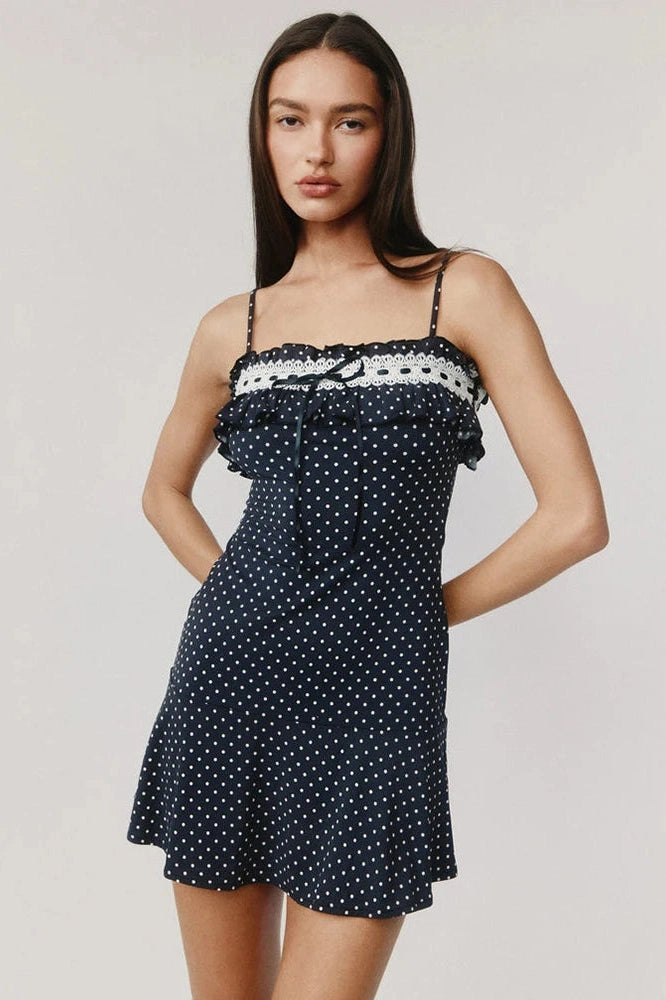 Glorol - Spaghetti Strap Polka Dot Off-Shoulder Sleeveless Backless Mini Dress