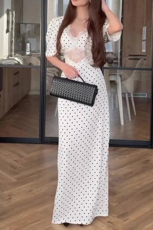 Glorol - Short Sleeve Lace V-Neck Printed High Waist Maxi Dress