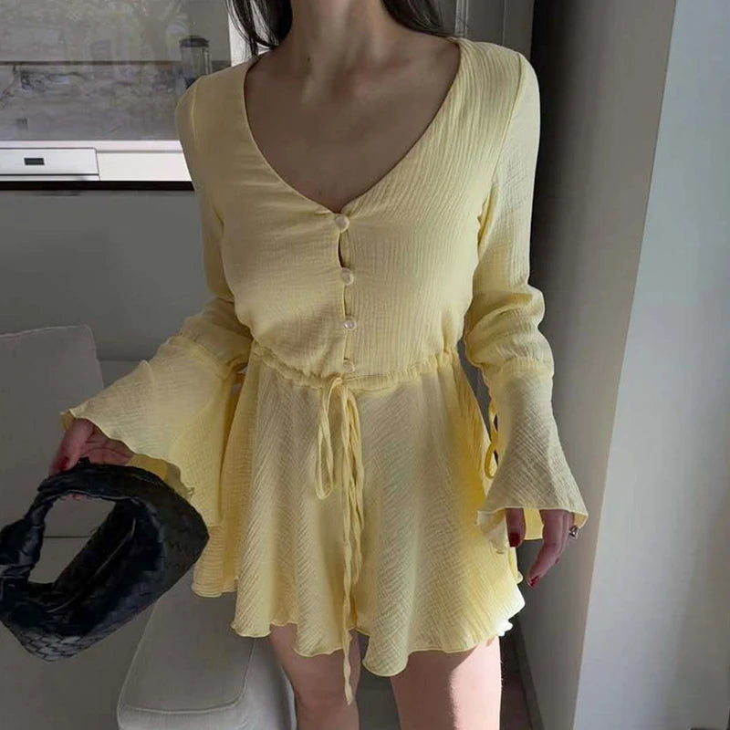 Glorol - Long Sleeve Lace High Waist V-Neck Loose Mini Dress