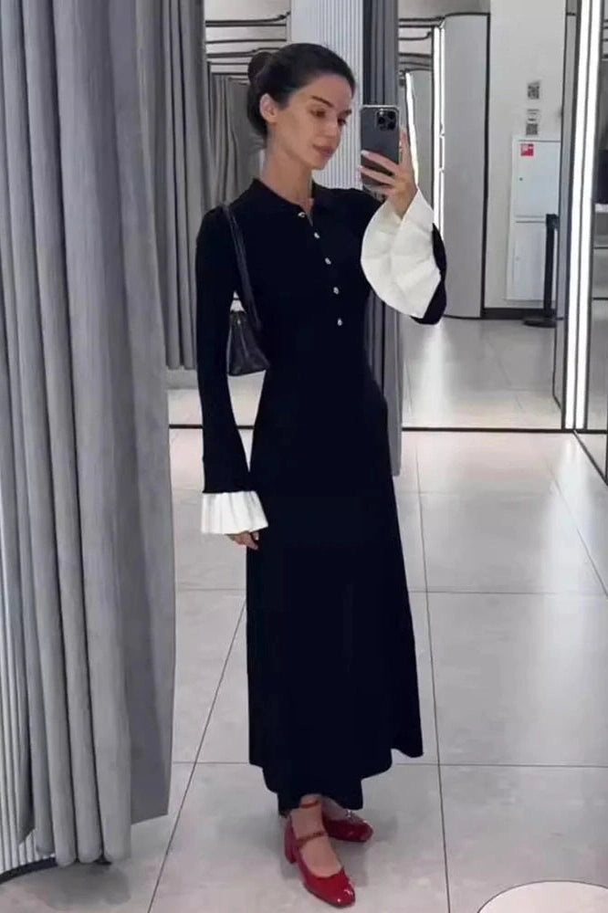 Glorol - Elegant Flare Sleeve Knitted High Waist Button Maxi Dress