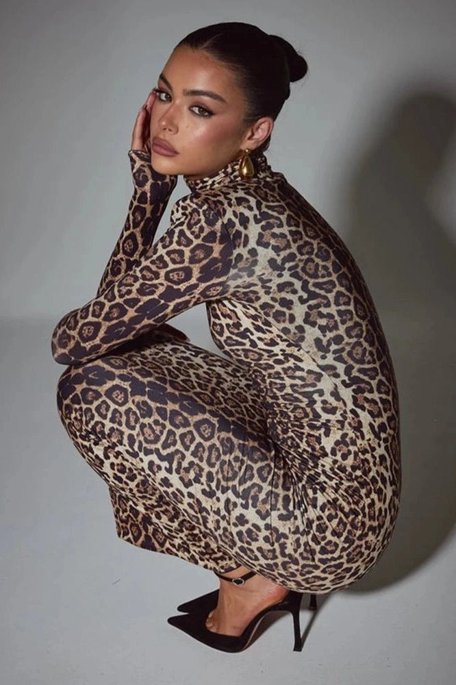 Glorol - Leopard Print Long Sleeve Turtleneck Maxi Dress