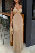 Glorol - Hollow Out Backless V-Neck Knitted Maxi Dress