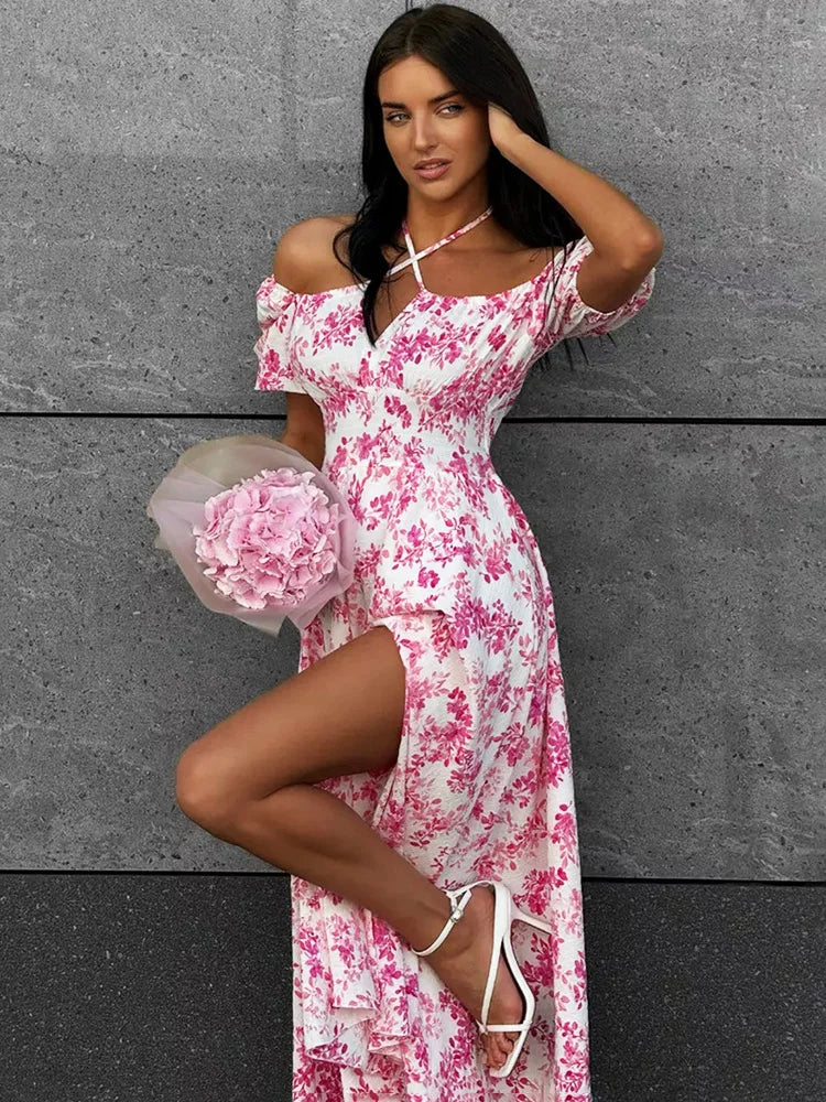 Glorol - Off Shoulder Lace Up Patchwork Print Maxi Dress