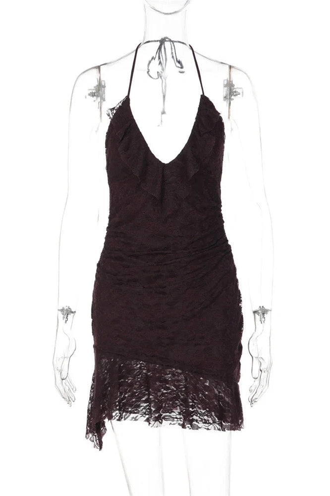 Glorol - Hollow Out Lace  V-Neck Patchwork Bodycon Mini Dress