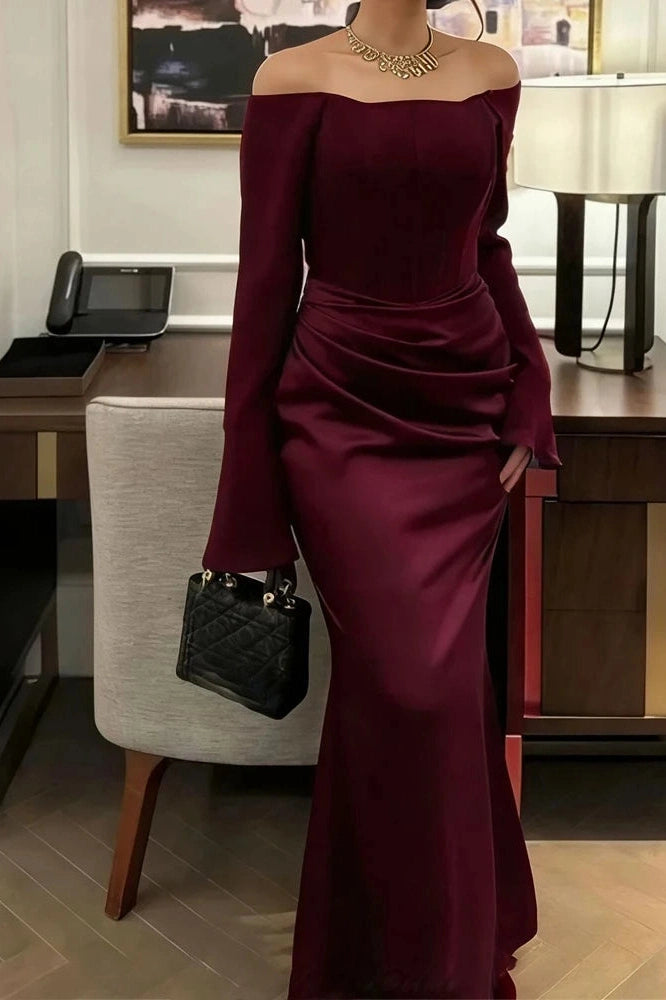 Glorol - Elegant Off-Shoulder High Waist Pleated Maxi Dress